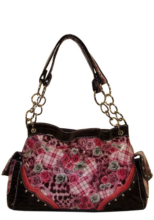 500309HP - 13 x  4.5 x 8.5<BR >Floral plaid prt gator trim, 3 compartments, snap & zip closure- Hot Pink