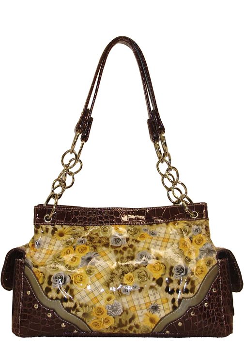 500309YL - 13 x  4.5 x 8.5<BR >Floral plaid prt gator trim, 3 compartments, snap & zip closure - Yellow