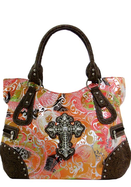 500318FLBR - 14 X 10 X 5<br /> Floral print, rhinestone cross, zip pckts on ends, 1 comp w/3 pckts (500578, 500321,500519)