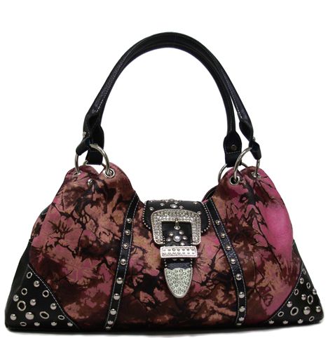 500319PK - 17.5 X 9.5 X 4.5<br />Floral prt. w/Rhinestone buckle, 3 compartments (500467PK & 500565PK,cell 500549) - Pink