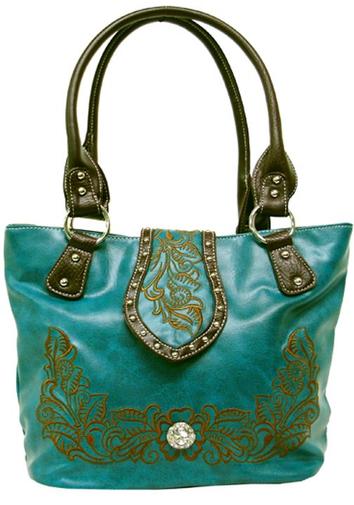 500323TQ - 11 x 10 x 5<br />Solid print w/floral embroidery on front and flap, large rhinestone, 1 comp w/3 pockets, back zip pocket