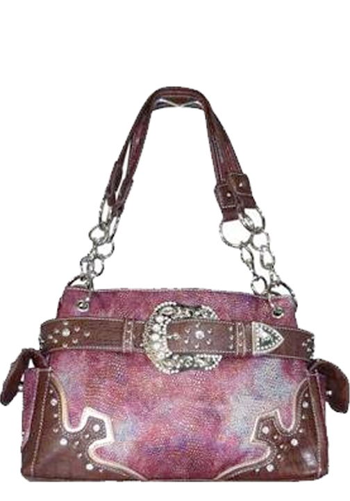 500325HP - 13 x 8 x 5<br />Multi colored raised texture print, w/rhinestone buckle, 1 comp separated by zip pckt, back zip pckt