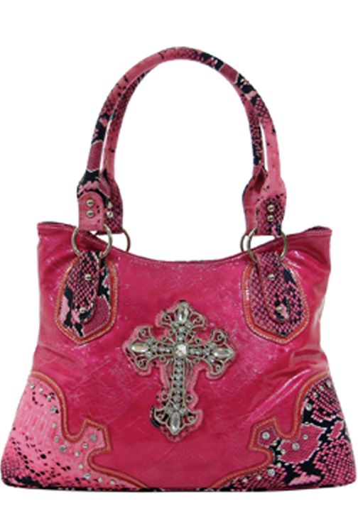 500326HP - 15.5 X 10 X 4<br />Shiny material w/snake print trim, rhinestone cross, 3 inside pockets, back zipper pocket