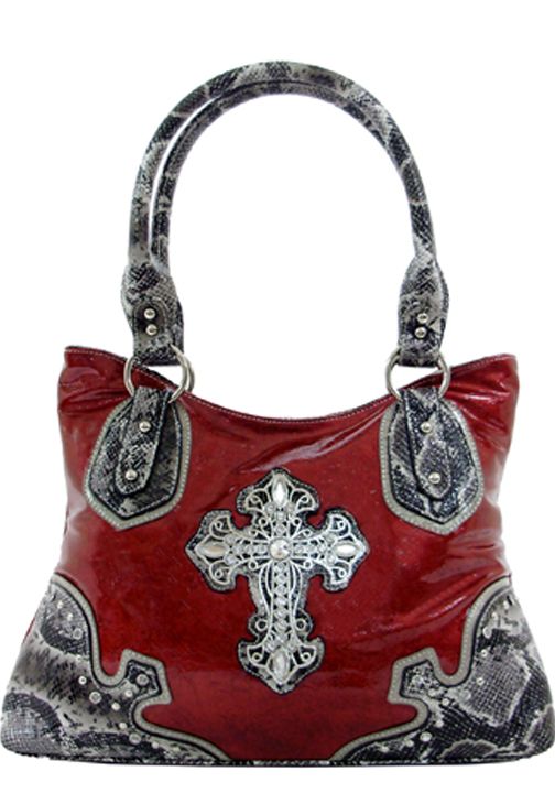 500326RD - 15.5 X 10 X 4<br />Shiny material w/snake print trim, rhinestone cross, 3 inside pockets, back zipper pocket (500452RD)