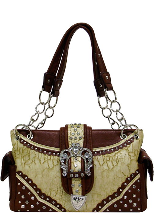 .500334BE - 13 x 8.75 x 4.5<br />Crackled print w/trim, studs & rhinestones, comp sep by zip pckt, back zip vert & open phone pckts (500504)