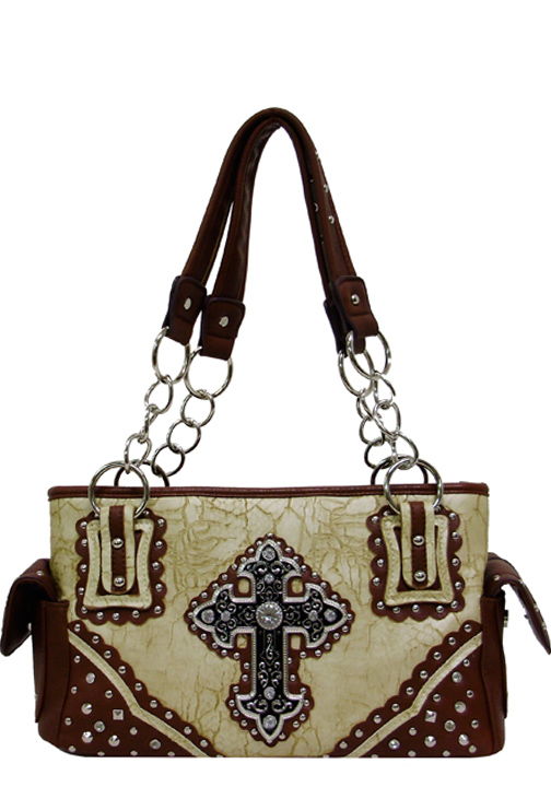 500335BE - 13 x 8.5 x 4.5<br />Crackle print w/studded trim/rhinestone cross, comp separated by zip pckt, back vert. pckt (500474, 500504BE