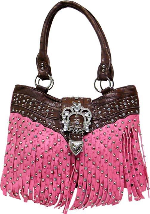 500337HP - 18 x 13 x 5<br />Ostrich prnt w/rhinestone/stud fringe, gator trim, princess crown buckle, comp/3 pckts, back zip pckt