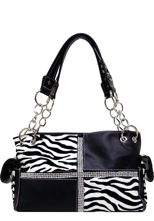 500348BK - 13 x 8 x 5<br />Zebra print & solid print with rolls of rhinestones, inside center zip pocket, 3 inside pockets (W500542)