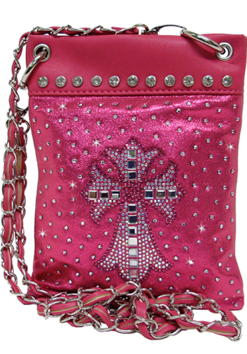 500350HP - 6.25 x 8 x .5<br />Mini phone bag, solid w/rhinestone cross, 1 snap comp w/open pckt, open pckt on back, chain strap