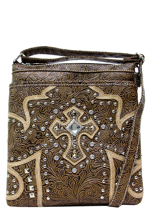 500355TN - 8.5 x 10 x 1.5<br />Messenger bag - Embossed print w/color trim, rhinestone center cross, 1 comp w/zip pckt, 2 zip pckts (500483