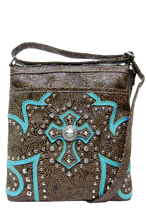 500355TQ - 8.5 x 10 x 1.5<br />Messenger bag - Embossed print w/color trim, rhinestone center cross, 1 comp w/zip pckt, 2 outside zip pckts