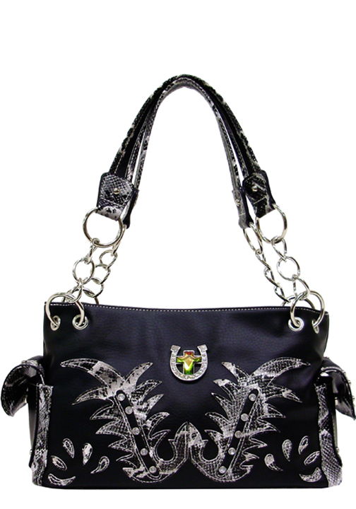 500356BK - 11 X 13 X 7<br />Solid with snake skin print, rhinestone horseshoe with iridescent cross, 1 comp separated by zip pckt (500589BK