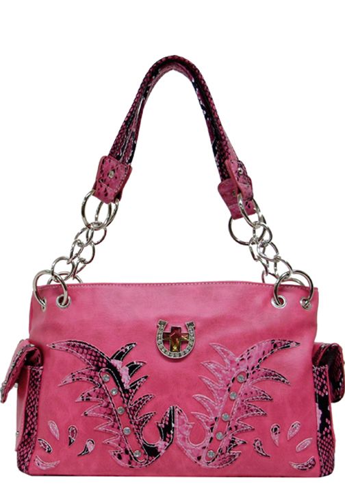 500356HP - 11 X 13 X 7<br />Solid with snake skin print, rhinestone horseshoe with iridescent cross, 1 comp separated by zip pckt (500589HP