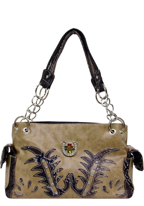 500356LBR - 11 X 13 X 7<br />Solid with snake skin print, rhinestone horseshoe with iridescent cross, 1 comp separated by zip pckt(500589LBR