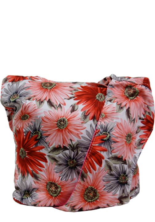 500359RD - 14 x 14 x 5<br/ >Floral print sling bag, 1 compartment, 3 inside pockets, 1 zipper pocket on back