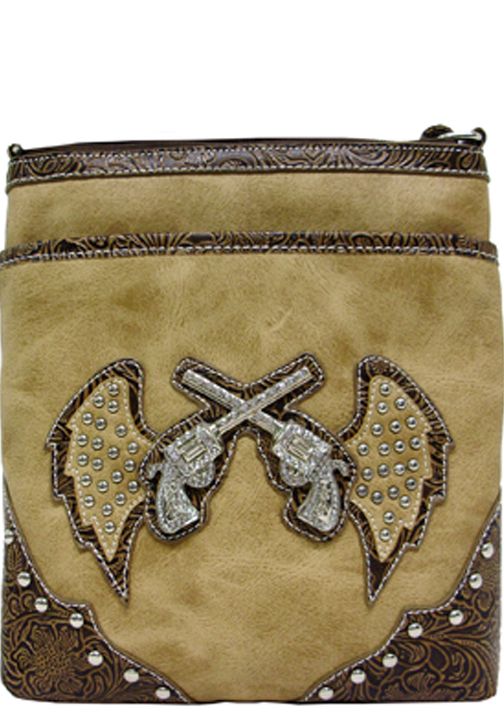 500367LBR - 8.5 X10 X 2<br />Messenger bag w/embossed trim, crossed guns on studded embossed wings, 1 comp, back zip pckt, front zip pckt,