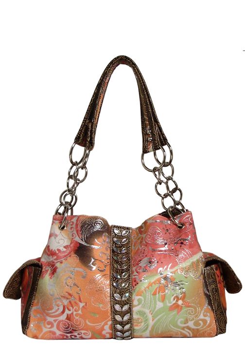 500370FLBR - 13 x 9 x 5 <br /> Floral print cloth accented w/leaf rhinestone center, 3 comp, zip/snap closure (500578, 500519, 500484) -Brown