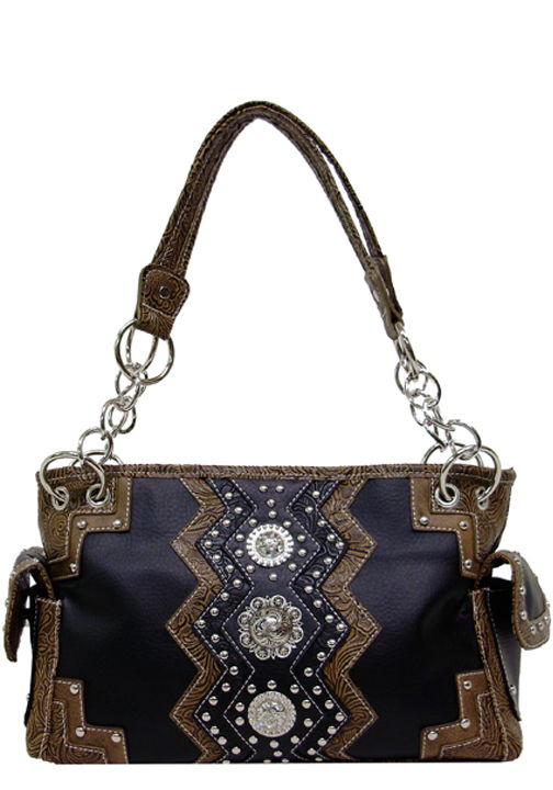 500374BK - 13 x 8.5 x 4.5<br />Embossed, studs & 3 conchos, center zip pckt, back zip pckt.