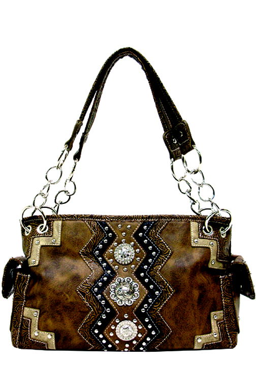 500374BR - 13 x 8.5 x 4.5<br />Embossed, studs & 3 conchos, center zip pckt, back zip pckt. (W500581)