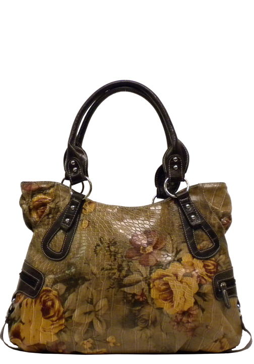 500377YLRO - 19 x 11.5 x 5<br />Floral gator print, 1 comp, 3 outside pockets, 1 inside zipper pocket - Yellow Rose