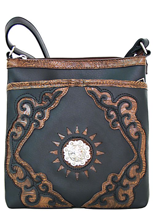 500395BK - 9 x 10 x 1.5<br />Messenger bag, solid w/embossed trim, concho inside sun ray design, 1 comp, front pckt, back zip vert pckt