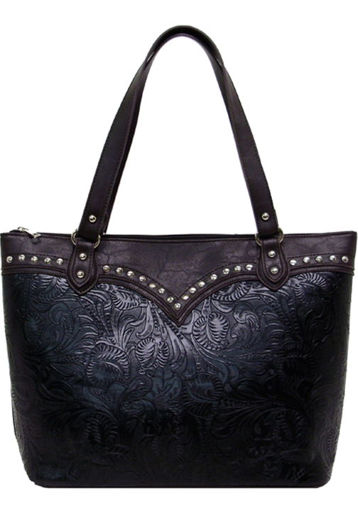 500396BK - 14 x 12 x 5<br />Embossed print with solid scallop studded trim, 1 zip comp, back  zip pocket (500473)