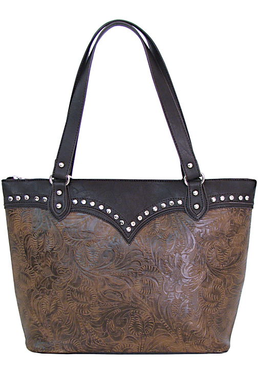 500396BR - 14 x 12 x 5<br />Embossed print with solid scallop studded trim, 1 zip comp, back vert zip pocket (500473)