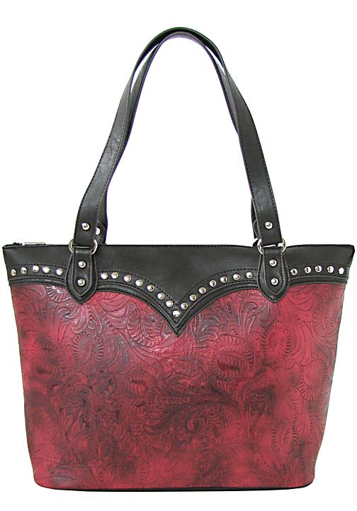 500396RD - 14 x 12 x 5<br />Embossed print with solid scallop studded trim, 1 zip comp, back vert zip pocket (500473)