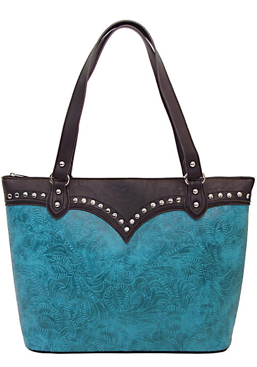 500396TQ - 14 x 12 x 5<br />Embossed print with solid scallop studded trim, 1 zip comp, back zip pocket (500473)