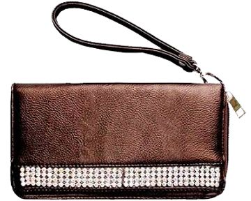 W500402BZ - 7.5 x 4.25 x 1<br />Clutch bag w/wrist strap, solid material w/roll of rhinestones, 3 inside comps w/zip pckt, 12 cc slots