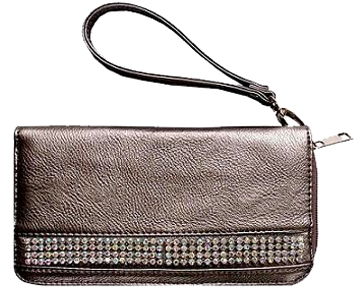 W500402PW - 7.5 x 4.25 x 1<br />Clutch bag w/wrist strap, solid material w/roll of rhinestones, 3 inside comps w/zip pckt, 12 cc slots