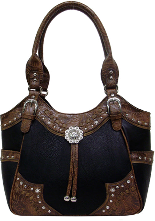 500405BK - 12 x 9.5 x 4<br />Embossed trim with studs & rhinestones, rhinestone concho, zip comp w/3 pckts, zip & open pocket on back