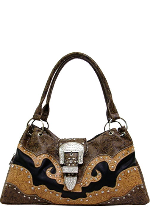 500407BK - 17.5 x 8.5 x 4<br />Two tone embossed trim w/rhinestones & studs, 1 zip & 2 snap comp, 3 inside pckts, back zip pckt (500455BK)