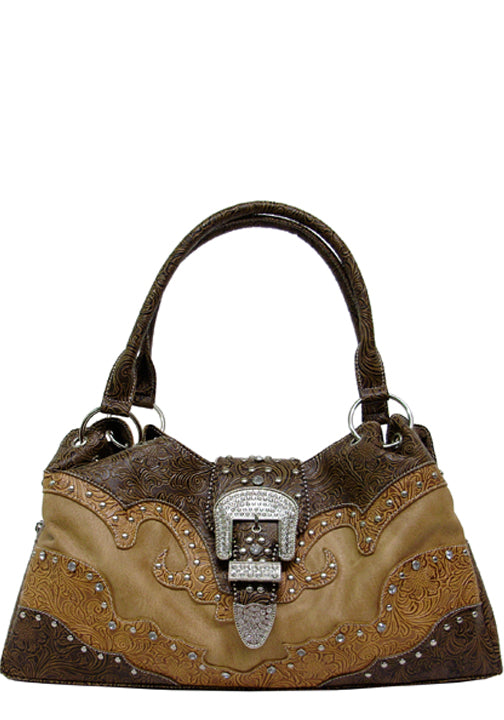 500407LBR - 17.5 x 8.5 x 4<br />Two tone embossed trim w/rhinestones & studs, 1 zip & 2 snap comp, 3 inside pckts, back zip pckt (500455LBR)