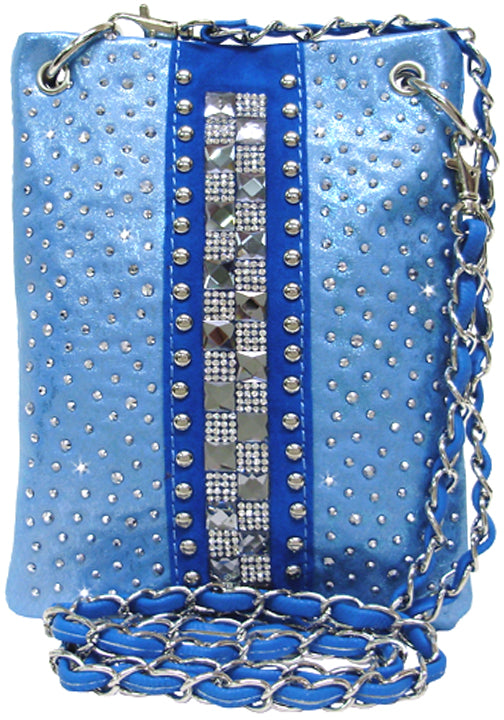 500408BL - 6.25 x 8 x .5<br />Mini phone bag, shimmer front w/roll of rhinestones, 1 snap comp w/open pckt, back open pckt, chain strap