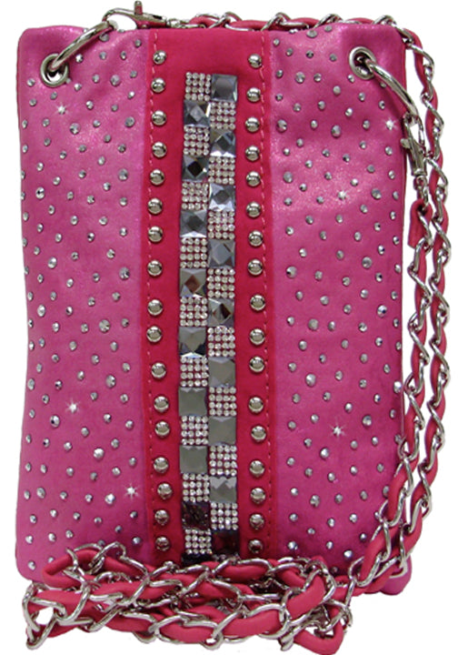 500408HP - 6.25 x 8 x .5<br />Mini phone bag, shimmer front w/roll of rhinestones, 1 snap comp w/open pckt, back open pckt, chain strap