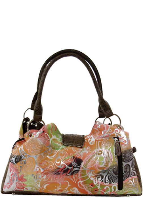 500411FLBR - 17.5 x 9.5 x 4.5<br />Floral print w/tooled trim, 3 comps, zip, snap & flap closure, back vert. zipper pckt (500578FLBR)