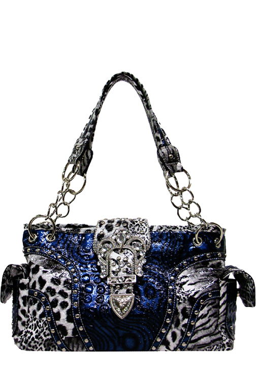 500416BL - 13 x 8 x 4.5<br />Croc prt w/swirls, buckle flap, animal print trim, 3 compartments, zipper closure (500456BL) - Blue