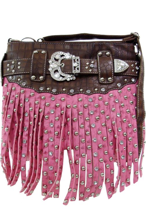 500417HP - 9.5 x 10 x 2<br />Messenger bag, ostrich print w/princess crown buckle on top of studded fringe, comp, back zip pck