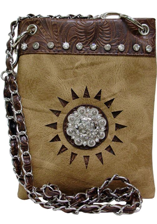 500418LBR - 6 x 8 x .5<br />Mini phone bag, solid w/rhinestone concho, embossed trim, 1 snap comp w/1 open pckt, back open pckt, chain strap