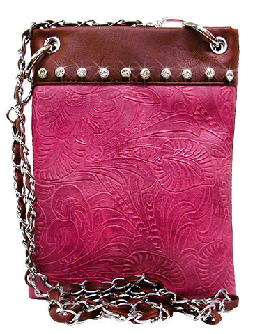 500419HP - 6 x 8 x .5<br />Mini Bag - magnetic closure, rhinestones on top border, embossed body, chain strap. On back: 1 open pocket.