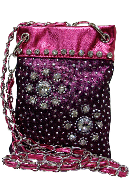 500420HP - 6.25 x 8 x .5<br />Mini phone bag, solid w/rhinestone flowers, 1 zip comp w/open pckt, chain strap