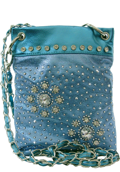 500420TQ - 6.25 x 8 x .5<br />Mini phone bag, solid w/rhinestone flowers, 1 zip comp w/open pckt, chain strap