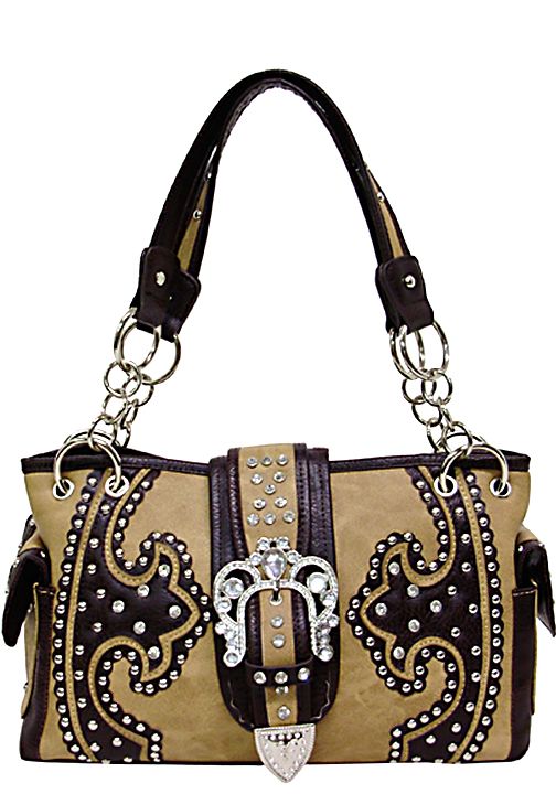 500422LBR - 13 x 9 x 5<br /> Side pockets, Overlays w/Studs & Rhinestones. Center zip pckt, 1 open & 1vertical zipper pckt on back (500591)