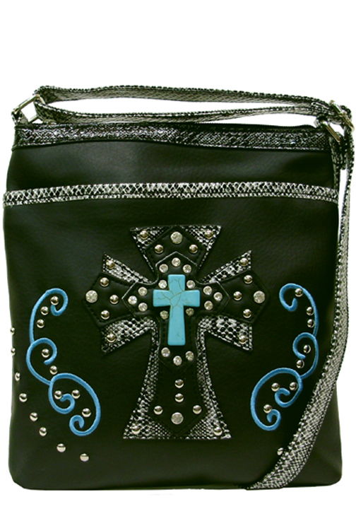 500423BK - 9 x 9.5 x 1<br />Messenger bag, solid w/snake print trim, a turquoise cross, comp w/zip pckt, front & back zip pckt