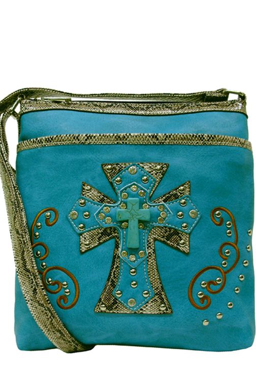 500423TQ - 9 x 9.5 x 1<br />Messenger bag, solid w/snake print trim, a turquoise cross, comp w/zip pckt, front & back zip pckt