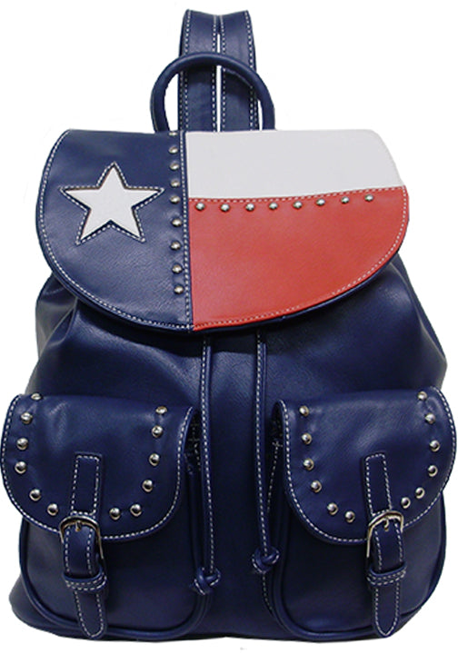 500426BL - 11 x 13 x 6<br />Backpack, Texas Flag on snap flap, drawstring, 2 snap pockets w/snaps, back zip vert & open pockets