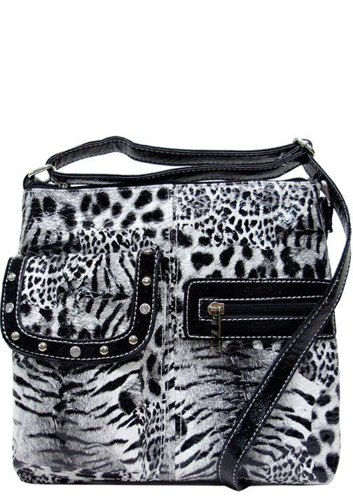 500428BK - 9.5 x 9 x 1.5<br />Messenger bag, animal print, comp separated by zip pckt, 3 inside pckts, 1 snap/2 zip outside pckts