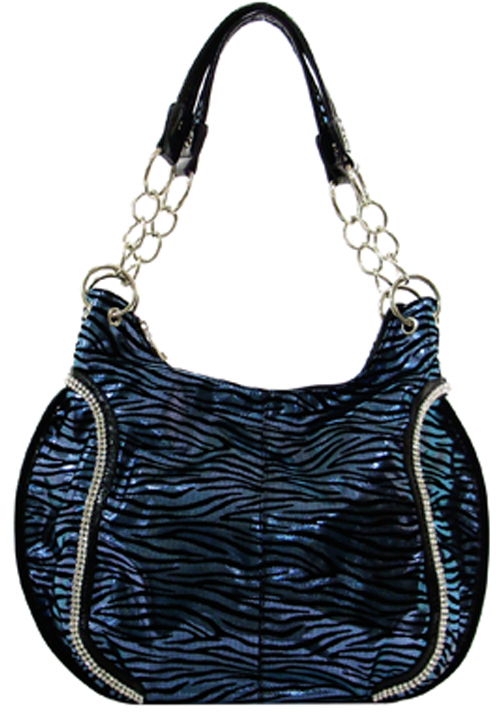 500433BL - 14 x 11 x 5<br />Shiny zebra print(BLK felt strips), 1 compartment, 3 inside pockets, 1 zipper pocket on back