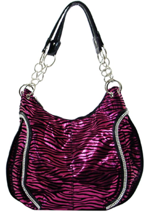 500433HP - 14 x 11 x 5<br />Shiny zebra print(BLK felt strips), 1 compartment, 3 inside pockets, 1 zipper pocket on back